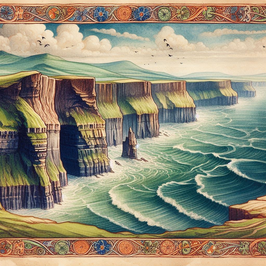 The current image has no alternative text. The file name is: cliffs-of-moher-medeival-manuscript.jpg